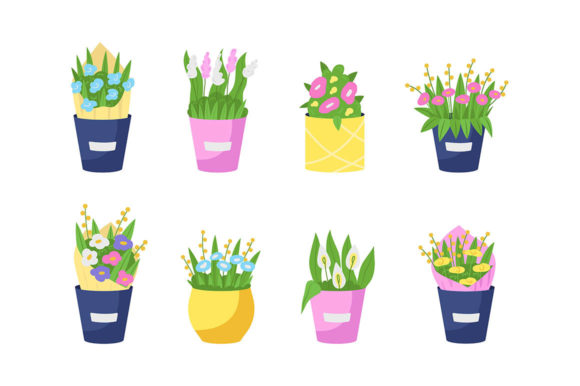 Bouquets in Vases Flat Color Object Set: Graphics and Illustrations for Sellers