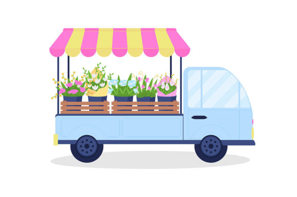 Flower Cart Flat Color Vector Object for Graphics & Illustrations