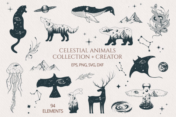Hand Drawn Celestial Animals Collection Graphics & Illustrations