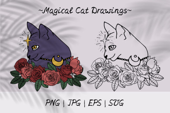 Magic Cat with Flowers Line Art SVG PNG Graphics and Illustrations Review