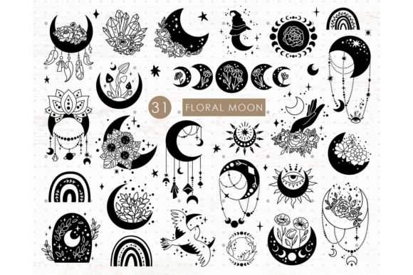 Moon and Flowers Celestial SVG Bundle Graphics
