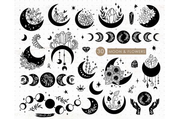 Moon Flowers and Crystals Mystical SVG Graphics