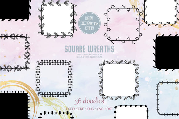 Square Wreaths Hand Drawn Frames for Graphics and Illustrations